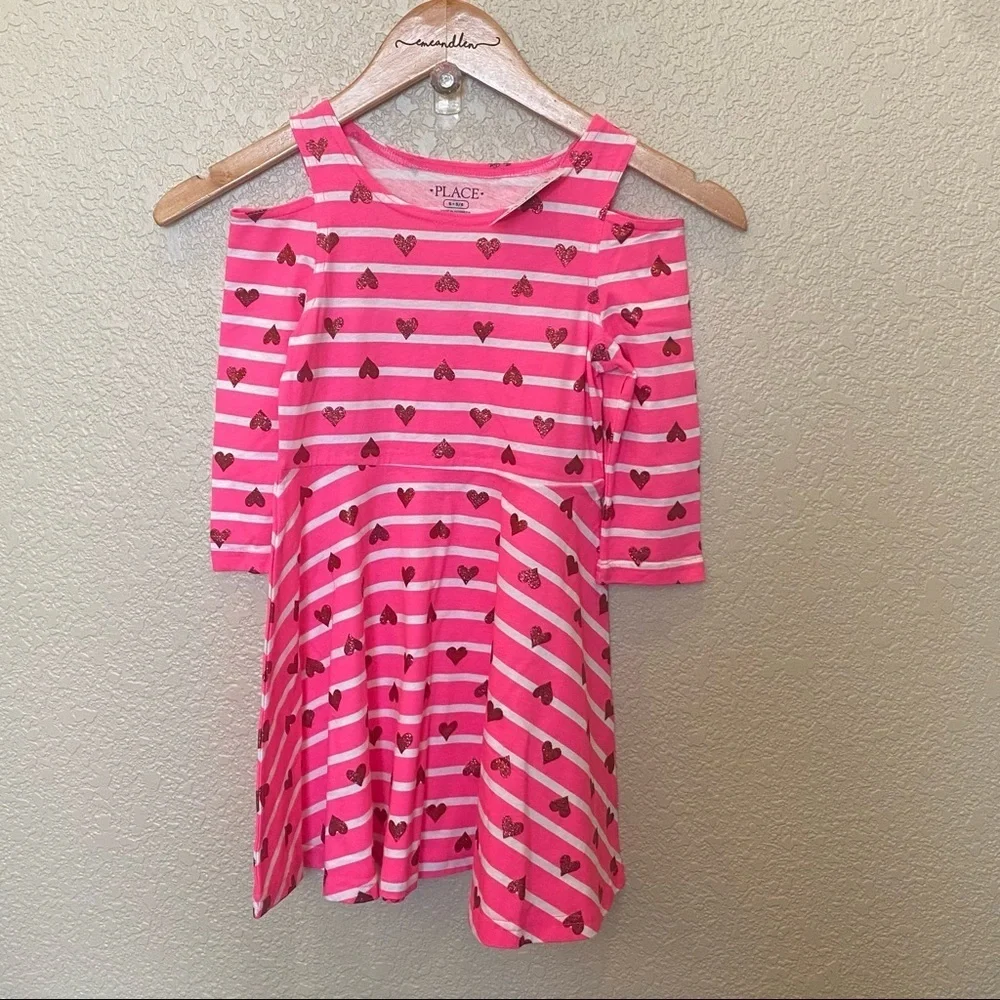 The children’s place long sleeve dress cold shoulder pink stripes and hearts nwt